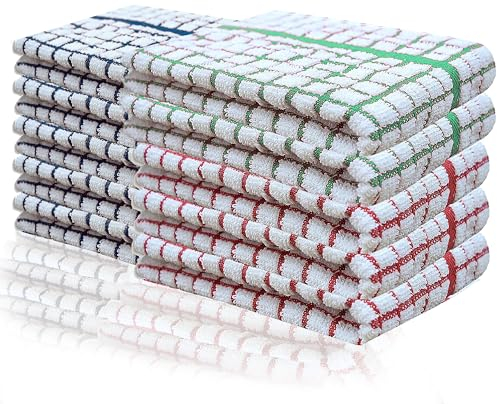 Modesh Tea Towels 100% Cotton Kitchen Tea towels with Highly Absorbent Quality - Lint Free Quick Dry Long Lasting Catering Bar Towels - Assorted Colors (Pack of 10 || Red + Blue + Green)
