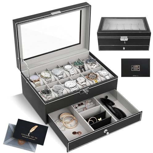 SAMISO Scatola Porta Orologi, Portaorologi, doppio strato,Cofanetti Pelle PU con Coperchio in Vetro per 12Orologi, Portagioielli per Uomo e Donna