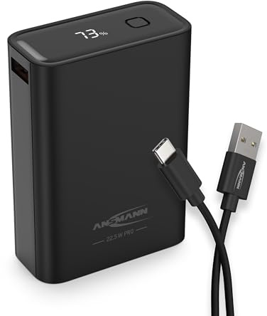 ANSMANN Powerbank 22.5 W PB322PD - External Battery with a Capacity of 20,000 mAh - Emergency Power Battery with USB-A and USB-C Ports, Ideal for Smartphones, Tablets, Laptops, Handheld Consoles