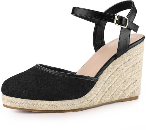 Allegra K Espadrille Plateforme Bout Fermé Sandales à Talons Compensés en Dentelle pour Femmes Noir 37