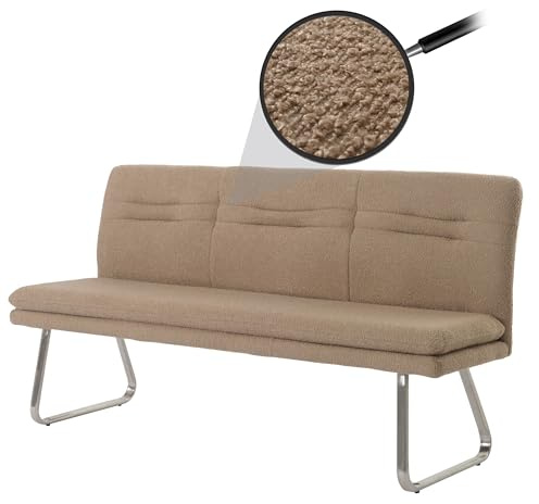 Mendler Banco de comedor HWC-H70, banco tapizado, respaldo de tela/textil Bouclé de acero inoxidable cepillado, 180 cm, marrón café