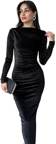 Haibang Vestito Donna Elegante Maniche Lunghe Aderente Abito Lungo in Velluto Sexy Tubino Bodycon Midi Vestito Vintage Abito da Cocktail per Cerimonie Sera Festa Discoteca Party Club Casual