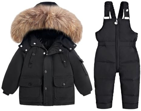 Valcatch Toddlers Boys Girls Snowsuit Hooded Faux Fur Down Jacket Puffer Overall Trousers Sets Kids Baby Solid Winter Warm Coat Bib Pants Dungarees Cold Weather Outfits Ski Suit Age for 1-5 Years