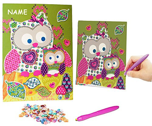alles-meine.de GmbH Bastelset - Mosaikbild/Bild mit Pailletten - lustige Eule mit Glitzer Steine - incl. Name - Paillettenbild zum Kleben/Bilder - für Kinder/Mädchen & ..