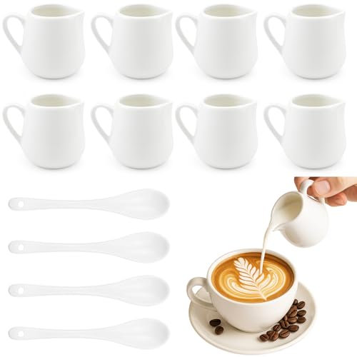 Prebrafun Jarrita Leche Porcelana 8 Piezas 90 ml, Mini Jarra de Leche con Asa & 4 Cucharas, Jarra Pequeña para Café, Salsas, Adecuada para el Hogar, Cafetería, Restaurante, Hotel