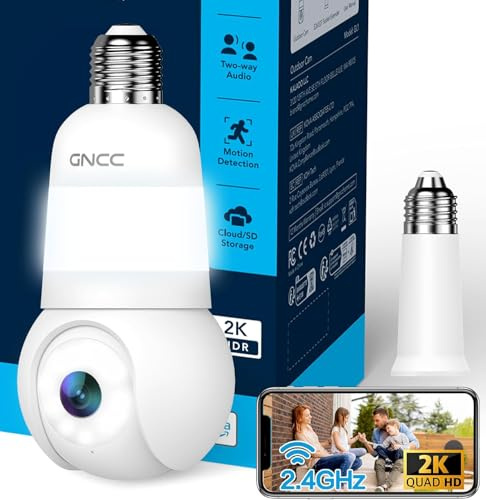 GNCC 2 in 1 Glödlampskamera, 355° PTZ Bulb Kamera, 2K Inomhus-/utomhus WiFi övervakningskamera, Ingen Kabeldragning Krävs, Färg Nattvision, AI Detektering, Molnprenumeration/SD-lagring, 2,4 GHz WiFi