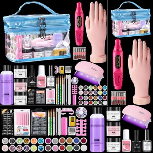 Deciniee Kit d'ongles en acrylique : ensemble de poudre acrylique à la main d'entraînement avec lampe UV et perceuse à ongles électrique - Kit complet de manucure pour débutants à domicile - Outils de