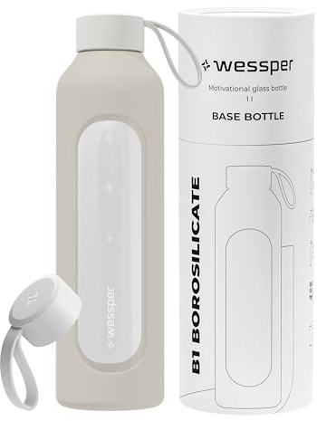 Wessper Bouteille a eau 1 Litre, Bouteille de Motivation avec échelle D'hydratation, Gourde pour eau en Verre Borosilicaté avec étui en Silicone, Matériau Sans BPA - écru
