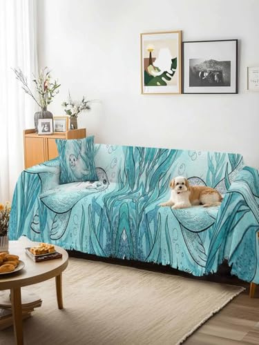 Teal Coastal Sofa Cover Blanket Couch Covers for Armchair Cushion,Couch Sofa Silpcover with Tassel,Beach Botanical Seals Ocean Nautical Living Room Bedroom Throw Towel Blanket Covers XX-L 71x150