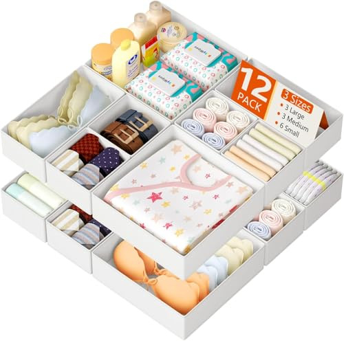 DJMJ Organizador de Cajones Ropa Interior - Juego de 12 Cajas de Almacenaje Plegables de Tela No Tejida, Organizador Cajones para Calcetines, Bebe Ropa, Sujetadores, Blanco