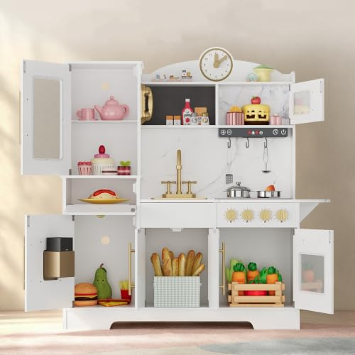 Cocinita Infantil, Cocina Juguete, Cocina Infantil de Madera, Cocina Grande de Imitación con Horno,Microondas y Fregadero,para Niños Desde 3 Años,Cocina de Juguete para Interior/Exterior, 100x86x30cm