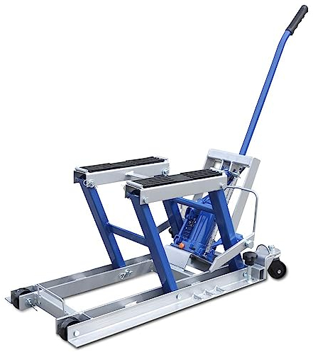 Hydraulic Motorcycle Lift 680kg, Heavy Duty Motorbike Jack Stand with 3-Stage Adjustable Height, Folding Repair Platform for ATV, Quad, Dirt Bike, Garage Workshop Motorcycle Hoist Table Blue