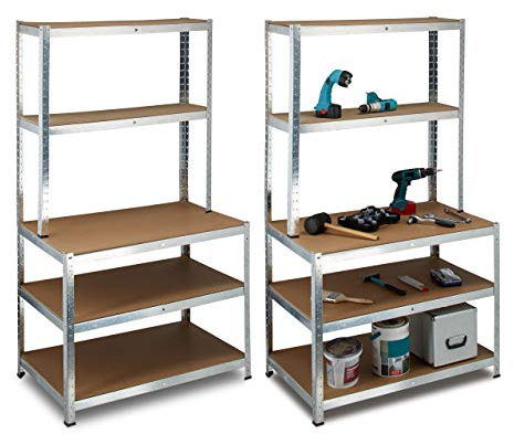Relaxdays 2 x Schwerlastregal mit Werkbank, 900 kg, 5 Böden, Freistehend, Metall, MDF, Steckregal, HxBxT: 180 x 100 x 60 cm, grau