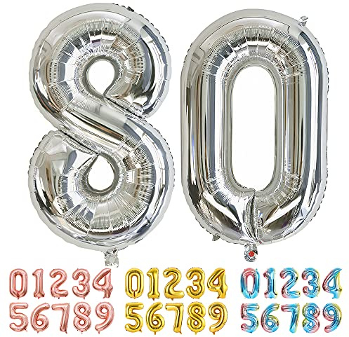 Ponmoo Foil Balloon Number 80 Silver, Giant Numbers 0 1 2 3 4 5 6 7 8 9 10-19 20-29 30-39 40-49 50-60-70-80-90-100, Large Balloons for Wedding Anniversary Birthday Party Decoration