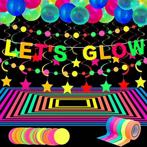 Glühen Neon Partyzubehör, 98,4 Feet 6 Rollen UV Schwarzlicht Reaktiv Leuchtend Band, 28,9 Feet 2 Neon Papier Girlande, LET'S GLOW Banner 10 Stern Hängen Wirbel, 25 Fluoreszierend Luftballon