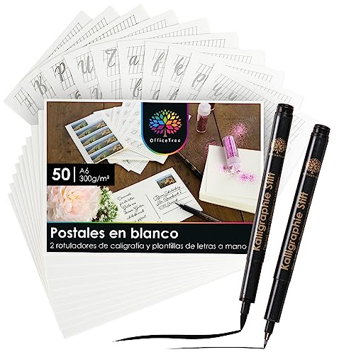 OfficeTree 50 x Blank Postcards A6-300 g/m² - Includes 2 Calligraphy Pens and 12 Templates - A6 Cards White - Postcards Blank for DIY - A6 Card White/Blank
