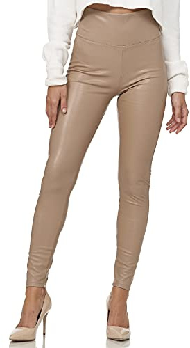 Gloop Legging en cuir synthétique pour femme - Taille haute, Beige - Taille haute, L