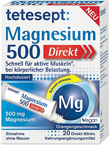 tetesept Magnesium 500 Direkt – 1 x 20 Direkt-Sticks - Nahrungsergänzungsmittel mit Magnesium Pulver zur Einnahme ohne Wasser - Schnell für aktive Muskeln