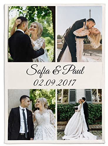 Personalisierte Fotodecke mit Eigenem Foto & Text | Minky Kuscheldecke | Weiche Fleecedecke mit Fotocollage (4 Foto)