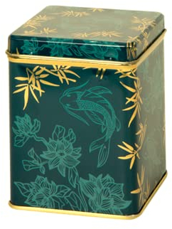 Oriental Koi Carp - Retro/Vintage Style Square Tea Caddy/Kitchen Storage Tin - Jade Green & Gold (100 g)