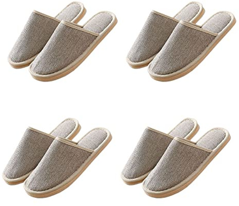 Teceyfeet Set di pantofole unisex per hotel, 4 paia di pantofole da bagno lavabili da uomo e da donna, in lino, antiscivolo, per spa, feste, ospiti, hotel e viaggi, 4 Beige EU 36 40, 36/40 EU