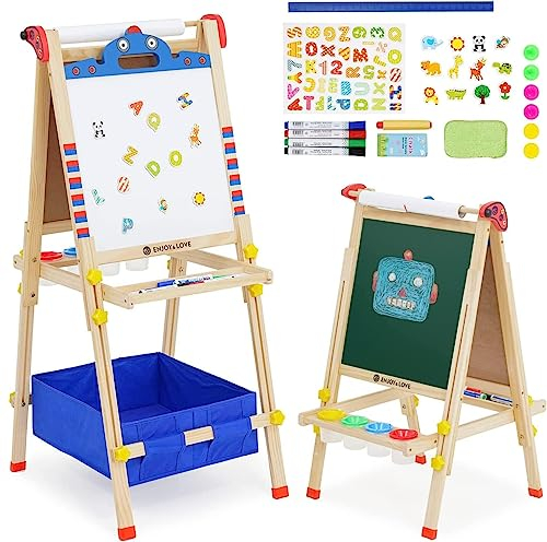 Lavagna da gioco per bambini in legno, cavalletto 3 in 1, regolabile in altezza con rotolo di carta, lavagna, adesivi per cartoni animati e 4 ciotole per colorare ricchi accessori (forma robotica)