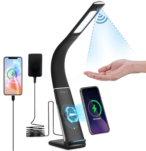 rigors LED Schreibtischlampe mit Gestensteuerung 700LM Tischleuchte mit Kabellose und USB Ladestation für Handy Dimmbare Tischlampe 10 Helligkeitsstufen Schreibtischleuchte Bürolampe Leselampe-Schwarz