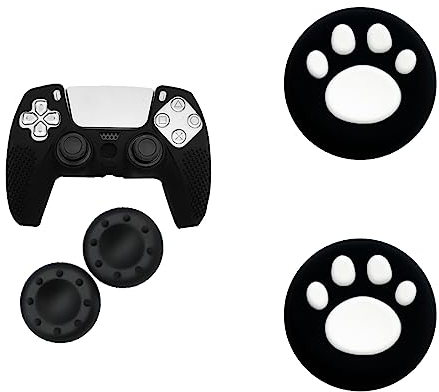 CUZKC Schutzhülle für PS5,Hülle für ps5 Controller,Schutzhülle Anti-Rutsch Case Griffe Skin aus weichem Gummi, Aufsätze für PS5 Controllerund a uch zwei Katzenpfoten-Daumenkappen(Schwarz D)