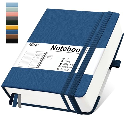 Mlife Notizbuch A4 Liniert,Dickes Notizbücher mit 360 nummerierten Seiten und 100g/M² Tintenfestes Papier,Hardcover Collegeblock, Tagebuch mit 2 Rücktasche für im Büro oder in der Schule(Blau)