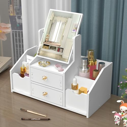 TFSZE Organizzatore Trucchi,Organizzatore Cosmetico,Cassetto Domestico Con Specchio Per il Trucco Scaffale Organizzatore Porta Trucchi Organizer da Tavolo Bianco,Per Toletta/Camera da Letto/Bagno