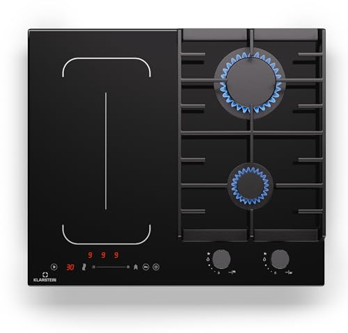 Klarstein MultiChef 4 Plaque Induction Et Gaz - 4 Zones, 2 Gaz & 2 Induction, Flexzone, 7Kw, Stop&Go, Minuterie, Supports En Fonte Noir, 58,5Cm