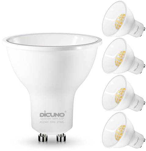 DiCUNO Bombilla LED GU10 5W, Eficiencia energética Clase B, equivalente a 60W, 790lm, Blanco cálido 2700K, Foco LED GU10 no regulable, haz de luz ancho 110°, 4 Piezas