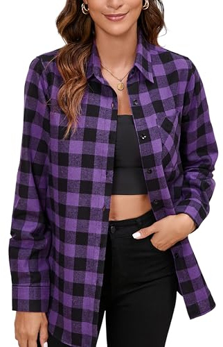 Stamain Camisa Cuadros Mujer Clásico Camisa Franela Violeta Manga Larga Casual Camisas de Cuadros Leñador Blusas Botones M