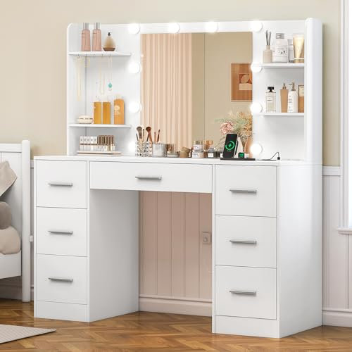 TEENFON Stor Sminkbord med Spegel Belysning, Sminkbord med Justerbart LED-ljus och uttag, Toalettbord med 7 lådor, 4 öppna hyllor och 5 smyckeshakar för sovrum, vit