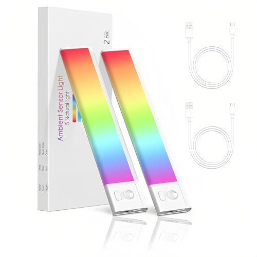 2 Piece RGB Lightbar pour Interieur, Rechargeable USB LED Lampe de Placard à Détecteur de Mouvement, Sous meuble à Changement de couleur, Eclairage Veilleuse pour Chambre, bureau, cuisine, dressing