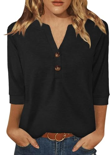 Dimur Womens Button Down Shirts 3/4 Sleeve Summer Tops V Neck Button Down Blouse Basic Tees 2026 Black XX-Large