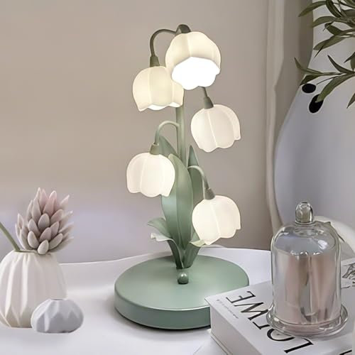 Flower Table Lamp Green Lamps for Home,Bedside Vintage Table Lamps,5 Lily of The Valley Reading Lights,3 Colours Modes Nightstand Lamp with G4 LED Bulbs for Bedroom,Living Room,Office,Home Decoration