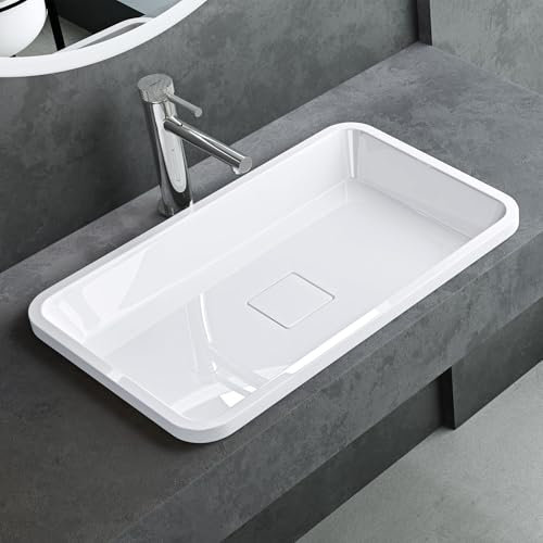 Mai & Mai Bathroom Basin Countertop | Cast Stone Resin Sink Rectangular Glossy White | Solid Surface with Drain Cover | WDH：60x38x12cm Col104