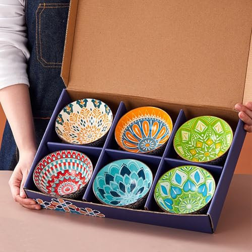Xfeyaqlo 6 Piezas Cuencos Aperitivos 280 ml Bol Cocina Ceramica Bowl Desayuno Bohemia, Apto para Aperitivos, Tapas, Guarniciones, Arroces, Postres (6 Piezas 1 Juego)