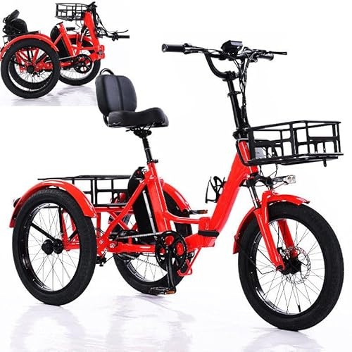 GplHAIN Triciclo Eléctrico Plegable con Pedales - 5 Velocidades/Cesta De Almacenamiento Grande, Asiento Acolchado con Respaldo, Carga Máxima 150 Kg, para Personas Mayores Y Adultos Red