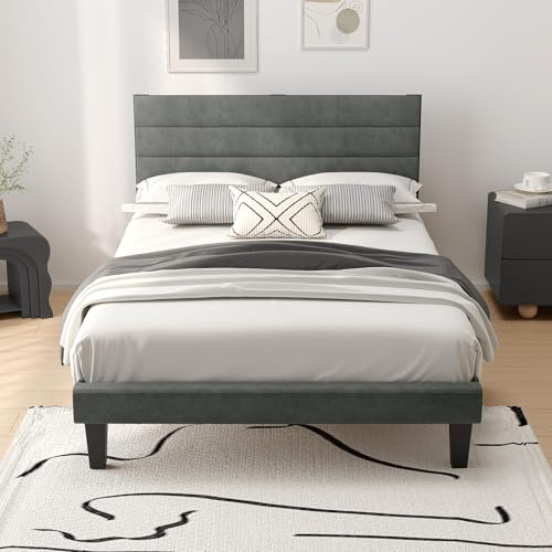 Bonnlo Lit 140x200 avec Sommier, Lit Double, Tête de Lit Tapissier, Montage Facile, en Velours, Gris Clair
