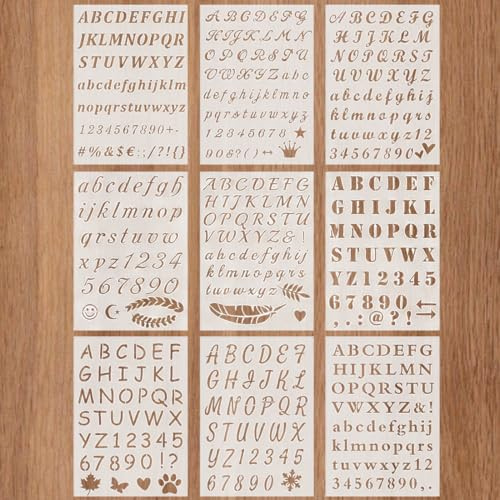 WUYJI Plantillas de dibujo y de letras, Juego de 9 plantillas de letras y números, plantillas de dibujo reutilizables adecuadas para hacer álbumes de recortes, dibujar, garabatear y escribir (blanco)
