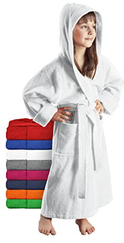 Arus Kinder-Bademantel mit Kapuze für Jungen und Mädchen, 100% Baumwolle Frottee, lang, Weiß, 152
