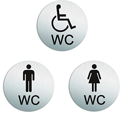 Plaque de Porte - WC Toilettes Hommes Femmes Handicapés Lot de 3 Ø 100 mm Plaque signalétique Aluminium brossé