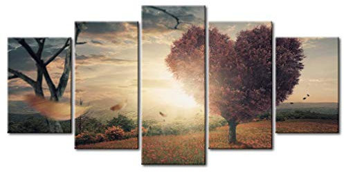 decomonkey - Tableau Acoustique Campagne 200x100 5 Pièces - Impression sur Toile Décoration Déco Bureau Bois arbres fleurs prairie forêt feuilles amour nature paysage plantes coeurs soleil