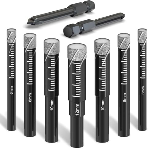 Farhigh Fliesenbohrer Diamantbohrer Glasbohrer Set 9 tlg. 6/6/8/8/10/10/12mm & 6/6mm Karbid-Anbohrer, für Keramik, Granit, Glas, Porzellan, Fliesen, harte Fliesen, Feinsteinzeug, Marmor