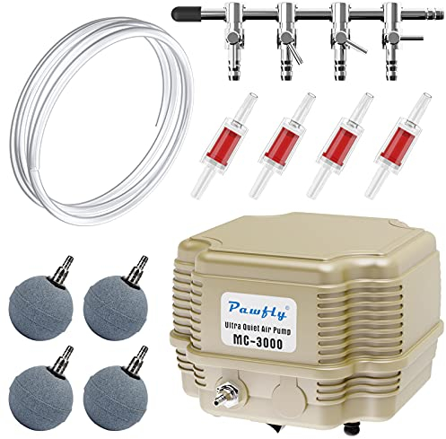 Pawfly 7 W 960 L/H Air Pump Aquarium Silent Adjustable Oxygen Pump Commercial with Ball Air Stones 4 Outlets Aquarium Splitter Check Valves and Airline Tubing Accessories for Pond Tank up to 1000L