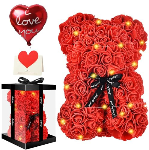 UCAMP Handgemachter Rosenbär,Rosenblumen Teddybär,Rosen Teddybär Set mit Geschenkbox,LED-Leuchten,Liebeskarte und Liebesballon,Muttertag,Valentinstag,Geburtstag,Jubiläumsgeschenk (25 X 18 cm)