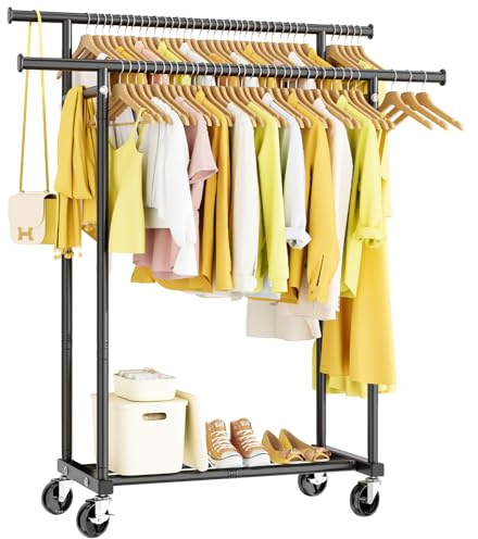 HYSEYY Double Rods Clothes Rack, Rolling Clothing Rack for Hanging Clothes Portable Wardrobe Rack, Metal Garment Rack Sturdy Coat Rack for Bedroom Laundry Living Room, Black