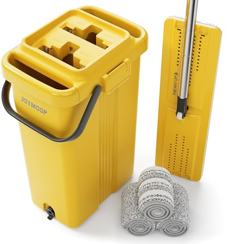 JOYMOOP Industrial Mop and Bucket Set, 17.7-inch Dust Mops for Floor Cleaning, Flat Mop Bucket with Wringer, Include 3 Reusable Microfiber Mop Pads - Yellow